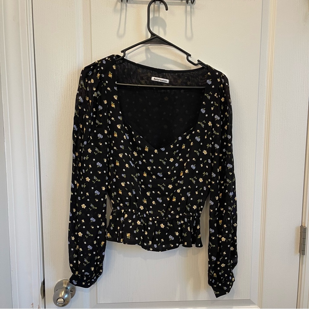 Reformation NewFloral V-Neck Long Sleeve Peplum Top